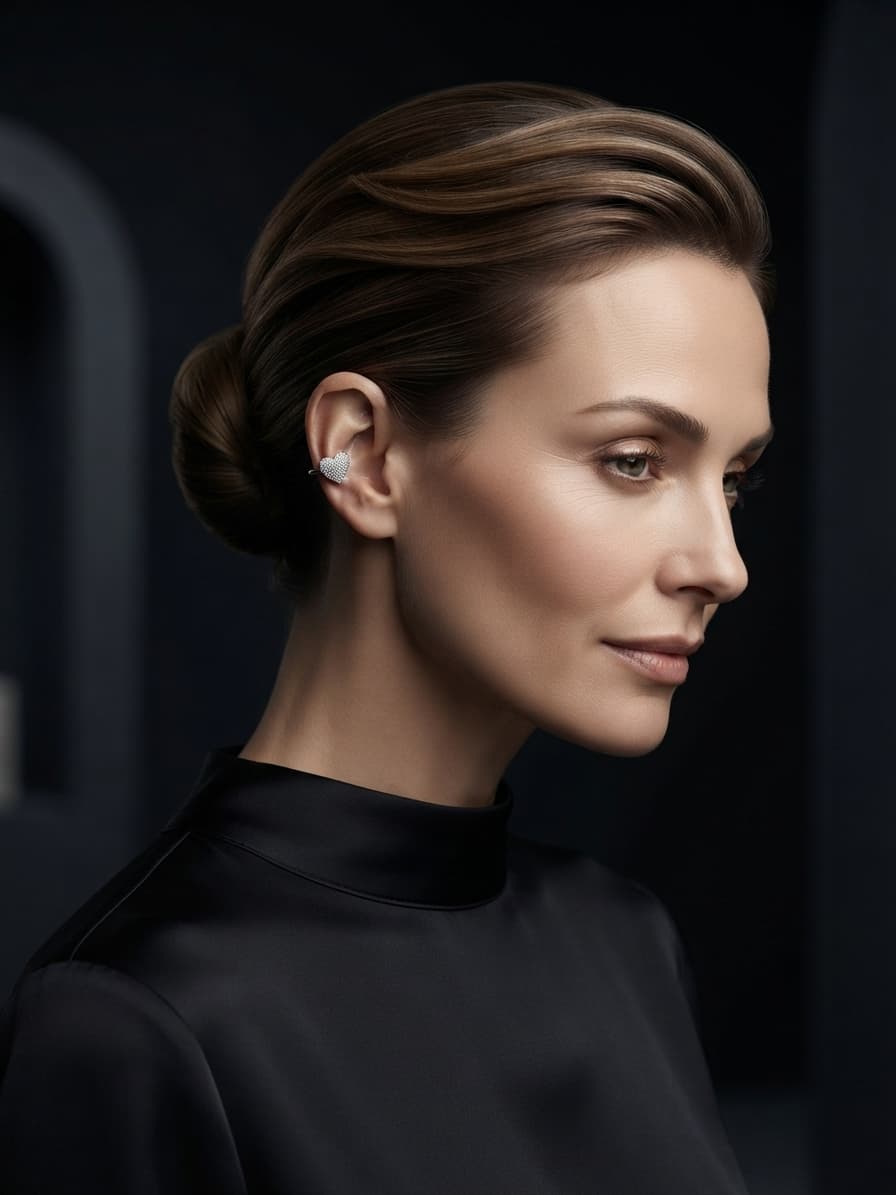 Ear cuff y ear coff chico plateado corazon, puesta
