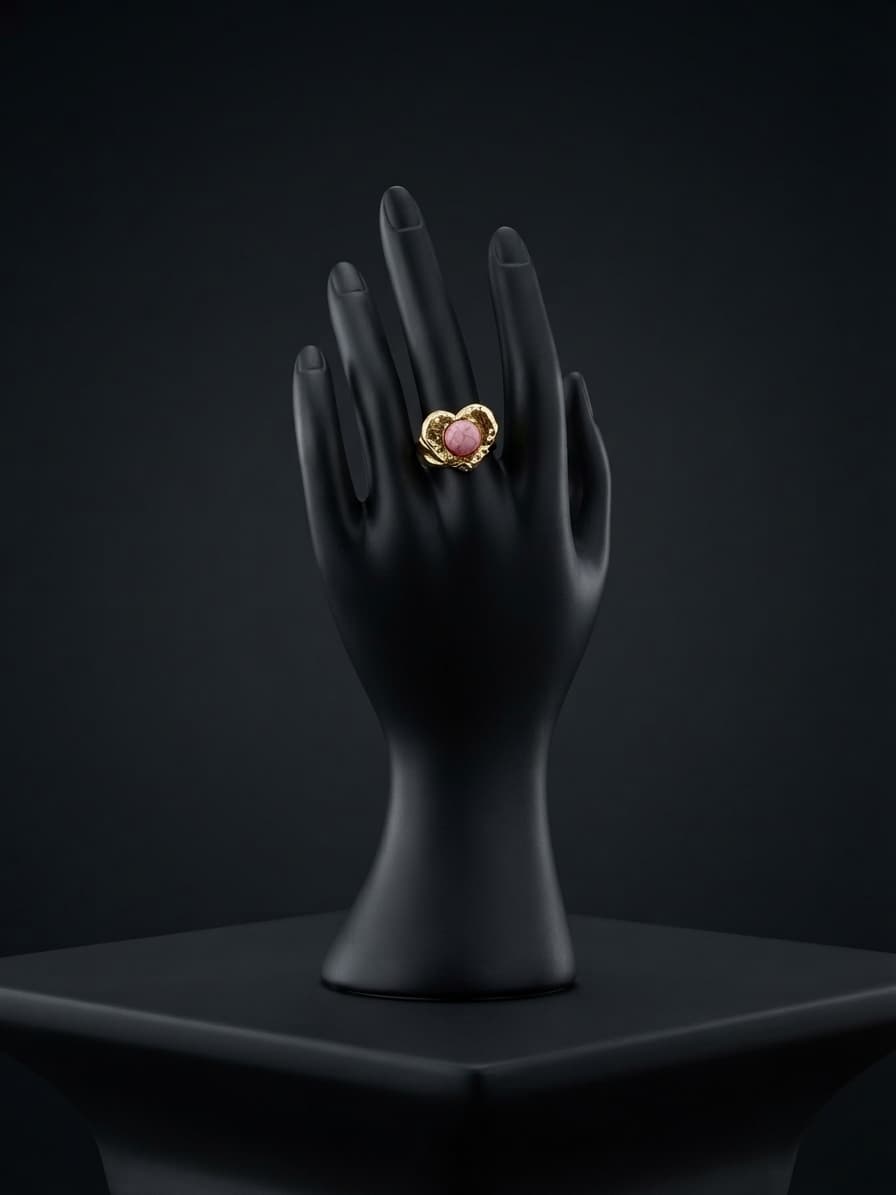 Anillo chico de acero corazon con bola rosa en medio
