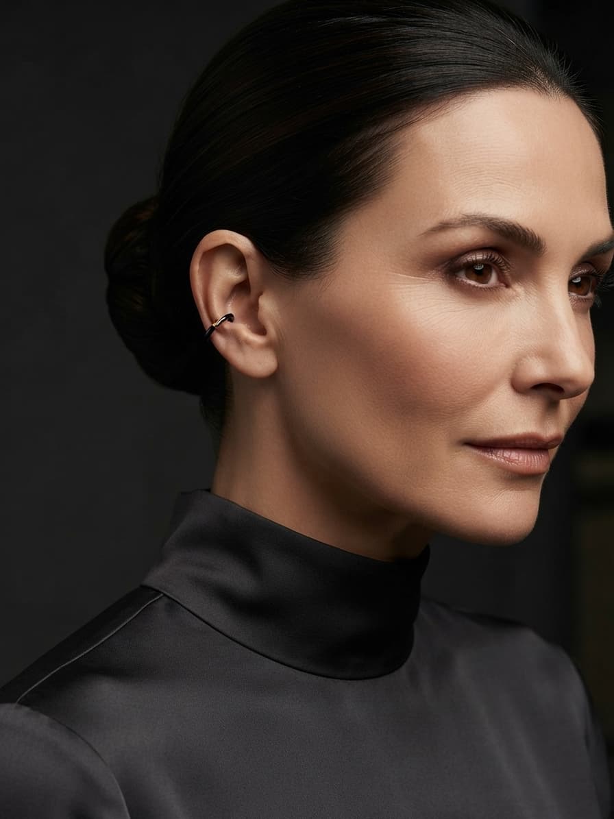 Ear cuff chico dorado con negro, puesta