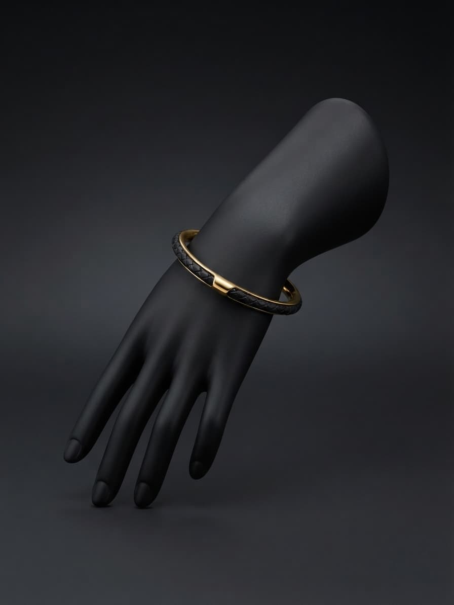 Pulsera caballero grande de cuero negro con dorado