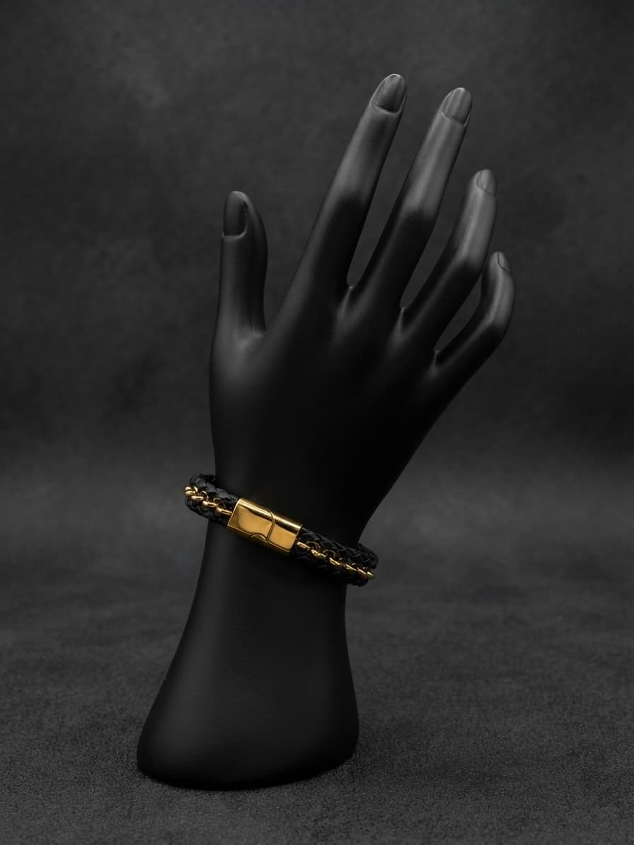 Pulsera caballero grande con dorado y cuero pero enredado como trensa