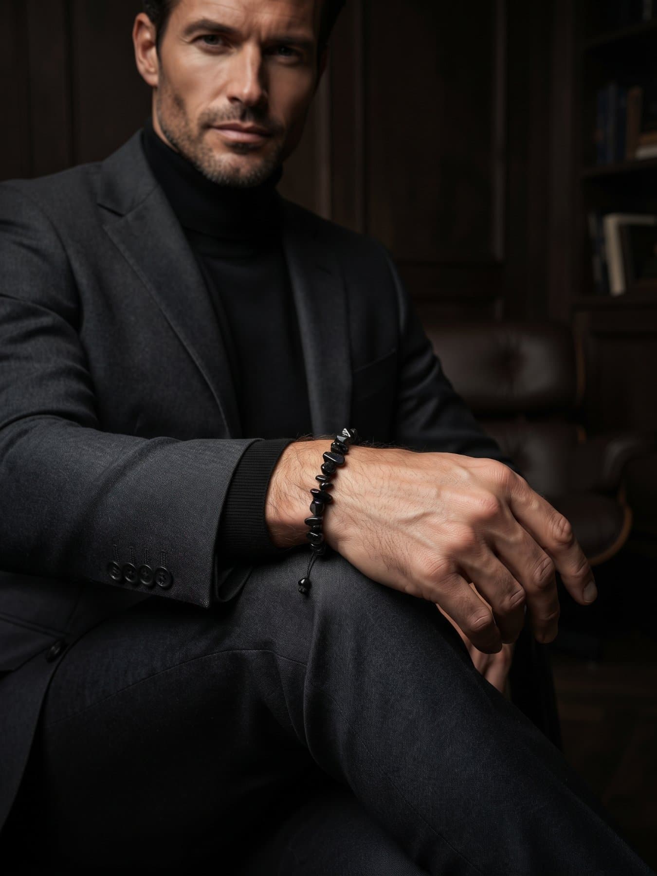 Pulsera de caballero negra de piedras, puesta