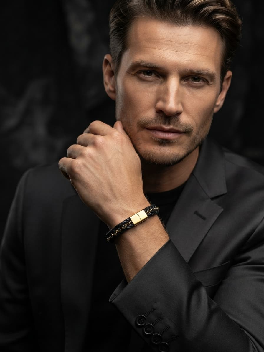Pulsera caballero grande con dorado y cuero pero enredado como trensa, puesta